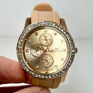 Michael Kors Rose Gold Women's Watch with Crystal Bezel, Rubber Band